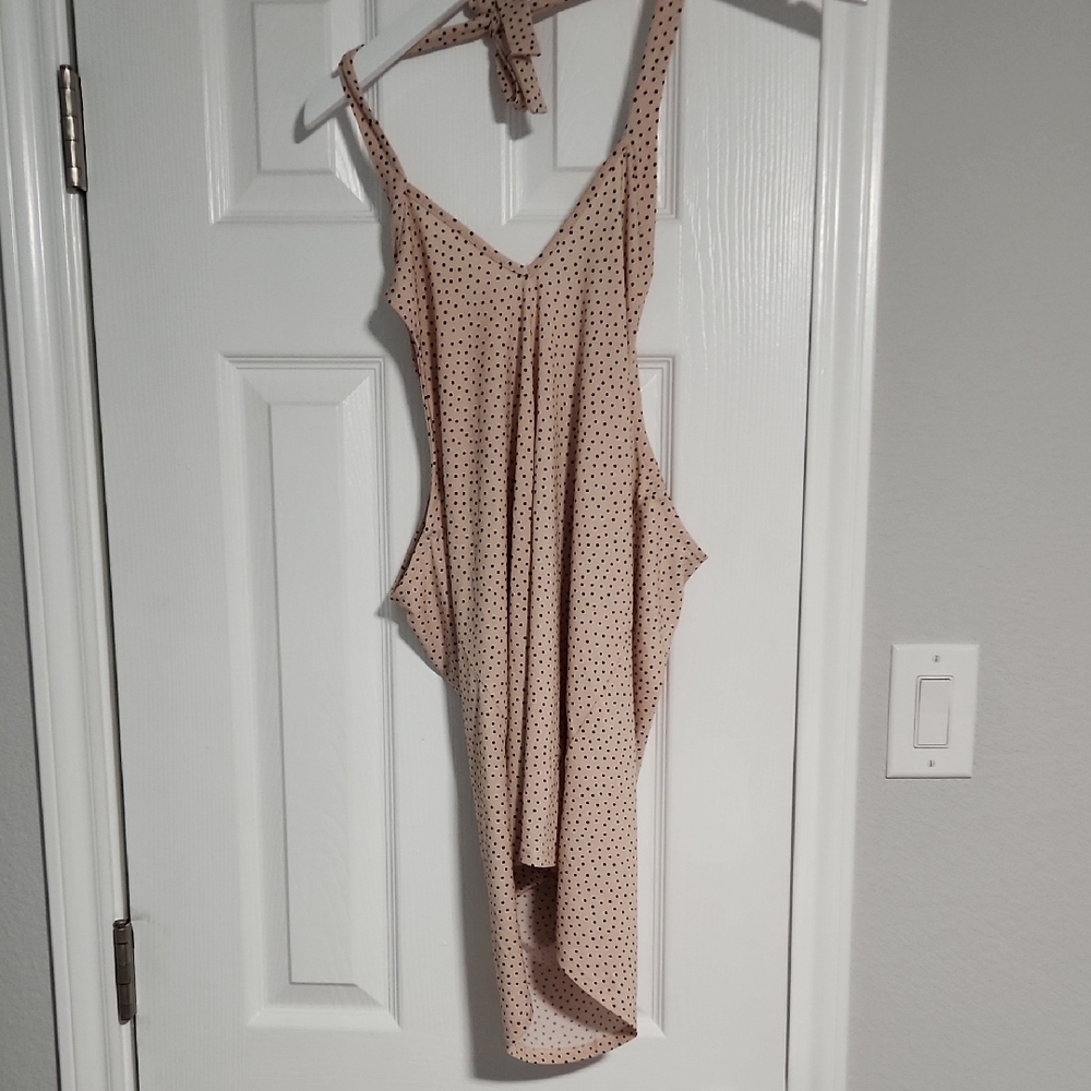 Adrianna Papell Beige Asymmetrical Top with Black Dots